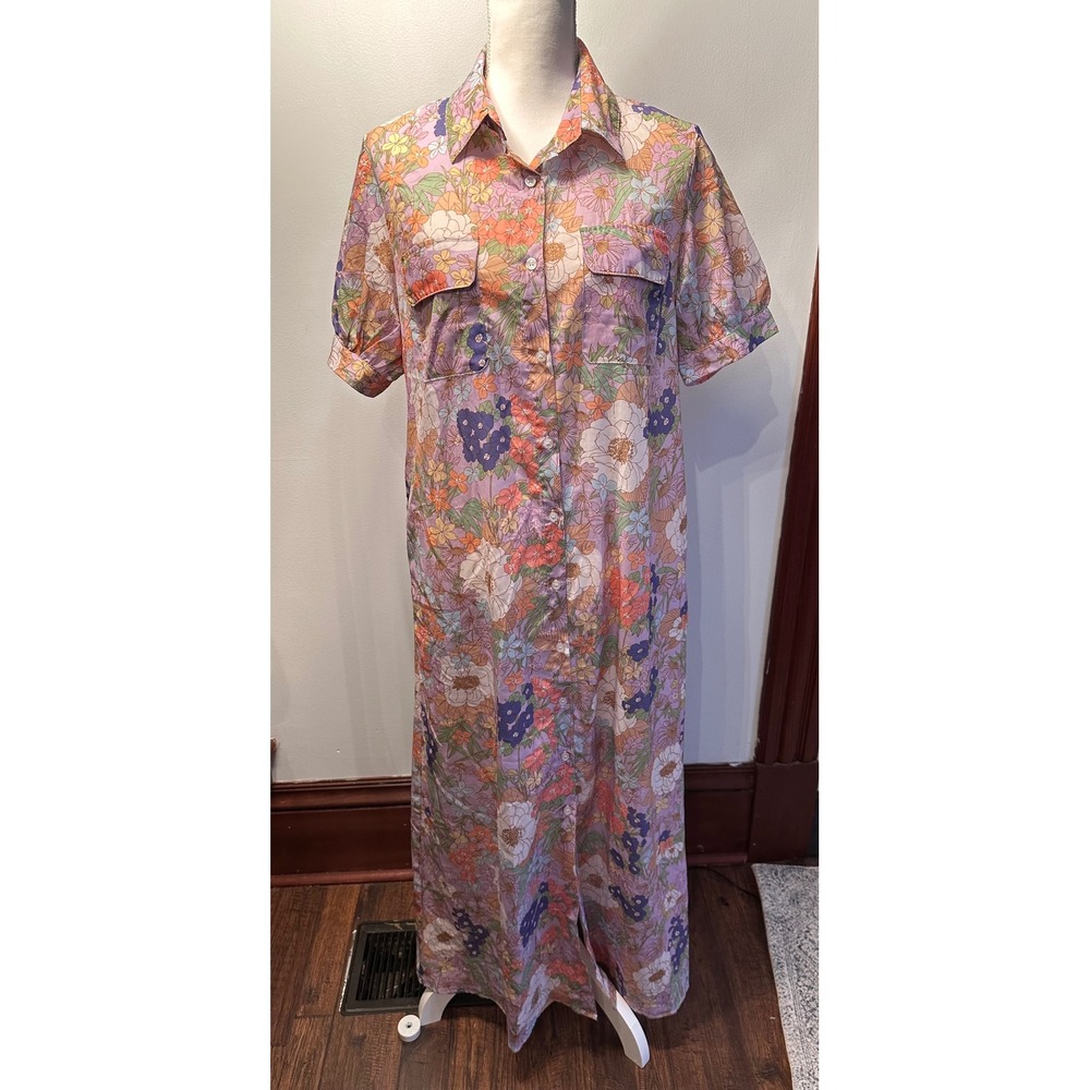 Love + Harmony Floral Maxi Shirt Dress Womens Medium 70s Retro Puff Sleeve